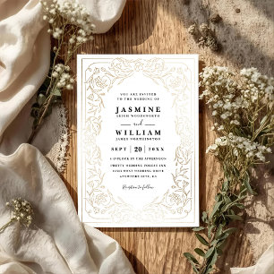 Convite Casamento QR Code Floral Vintage Dourado Elegante