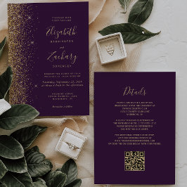 Convite Casamento QR Code Glitter Dourado Falso Roxo Escur