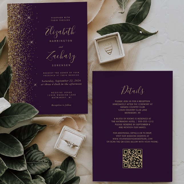 Convite Casamento QR Code Glitter Dourado Falso Roxo Escur (Criador carregado)