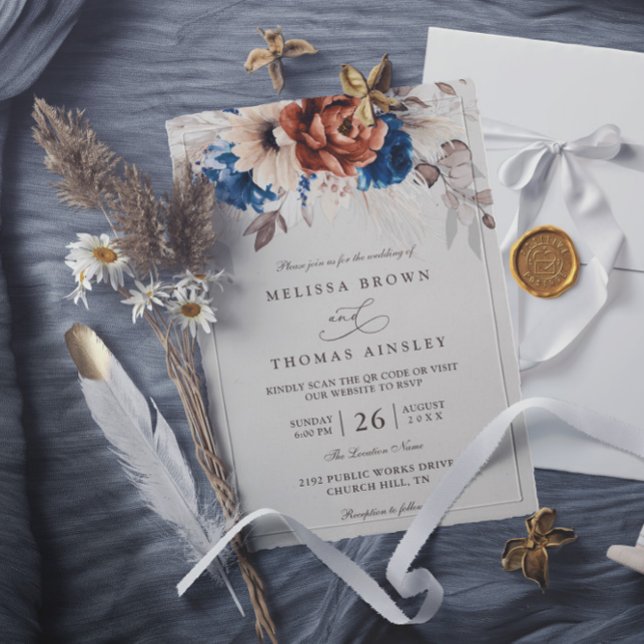 Convite Casamento QR Code Grama de Pampas Azul Marinho Ter (Criador carregado)