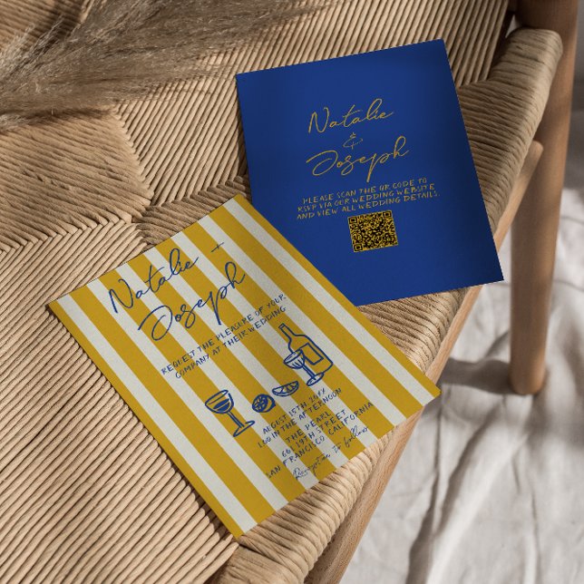 Convite Casamento QR Code Manuscrito Azul Amarelo Italiano (Criador carregado)
