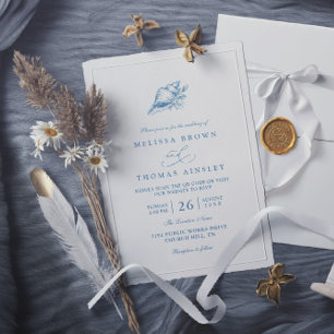 Convite Casamento QR Code Minimalista Azul Vintage Concha 