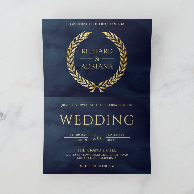 Convite Casamento QR Code Mínimo Folha de Louro Dourado Az (Interior)