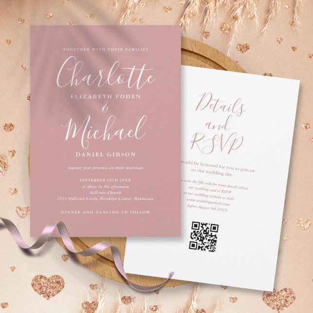 Convite Casamento QR Code Moderno Rosa Empoeirado Roteiro  (Elegant Script Dusty Rose Modern QR Code Wedding Invitation)