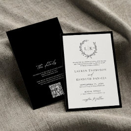 Convite Casamento QR Code Monograma Preto Branco Clássico 