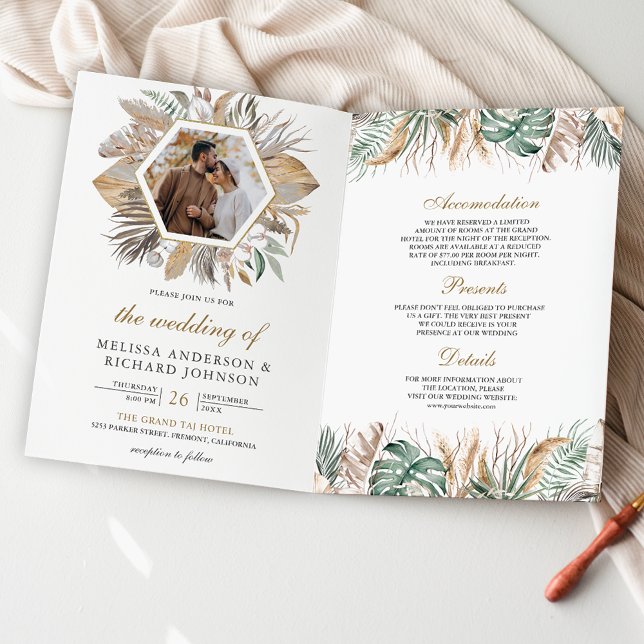 Convite Casamento QR Code Monstera Boho Pampas Tudo em Um (Criador carregado)