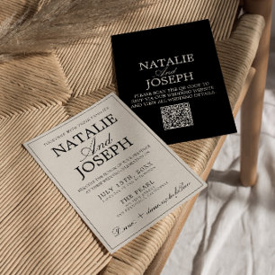 Convite Casamento QR Code Preto e Creme Chique e Antigo Di