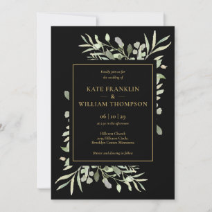 Convite Casamento QR Code Preto e Dourado com Folhagens Tu