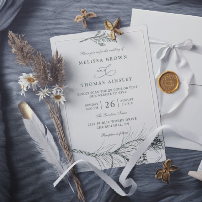 Convite Casamento QR Code Ramo de Pinheiro Rústico Elegant (Criador carregado)
