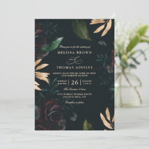 Convite Casamento QR Code Rosa Borgonha Veludo Escuro Eleg