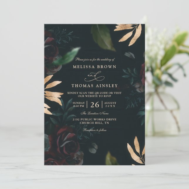 Convite Casamento QR Code Rosa Borgonha Veludo Escuro Eleg (Em pé/Frente)