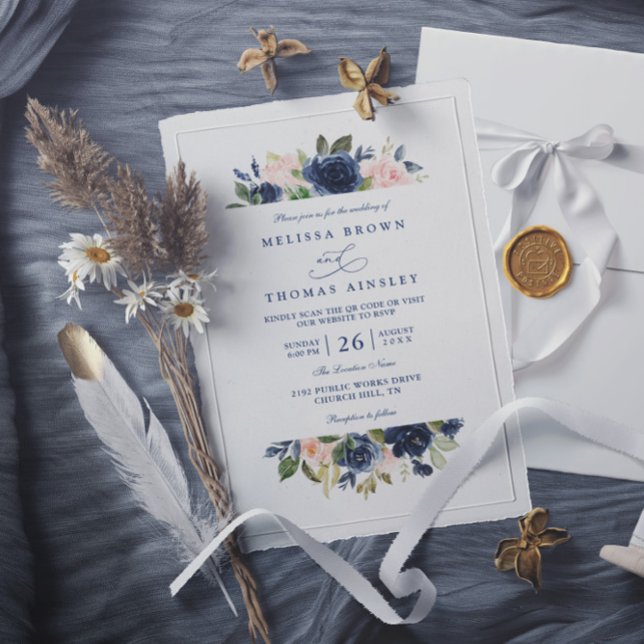 Convite Casamento QR Code Rústico Elegante Chic Azul-Marin (Criador carregado)