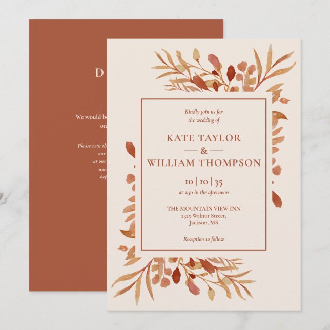 Convite Casamento QR Code Terracota Outono Rústico (Frente/Verso)