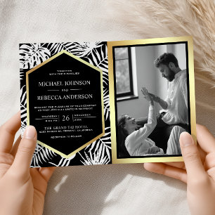 Convite Casamento QR Code Tropical Palma Preto Branco Dour