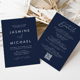 Convite Casamento QR Code Tudo Em Um Marinha Roteiro Moder