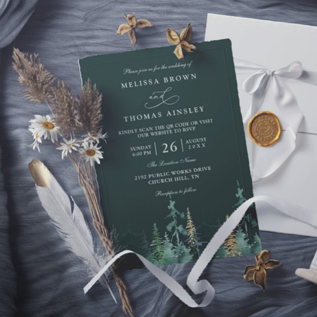Convite Casamento QR Code Verde Esmeralda e Dourado PINE (Criador carregado)