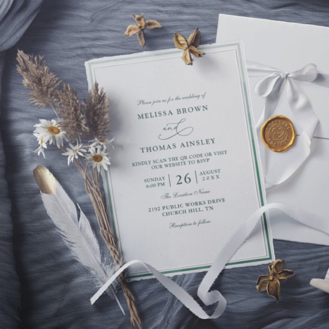 Convite Casamento QR Code Verde Monograma Clássico Orçamen (Criador carregado)