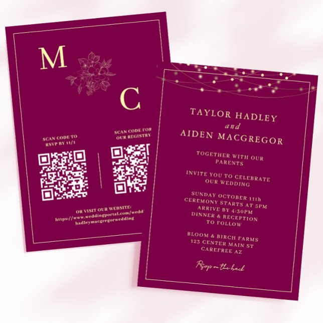 Convite Casamento QR Code Vinho Tinto Elegante (Criador carregado)