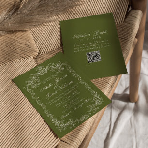 Convite Casamento QR Code Vintage Azeitona Verde Antigo Di