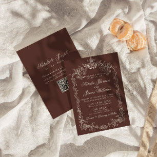Convite Casamento QR Code Vintage Chocolate Marrom Old Mon