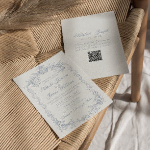 Convite Casamento QR Code Vintage Dusty Blue Old Money