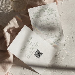 Convite Casamento QR Code Vintage em Verde Salvia Dinheiro