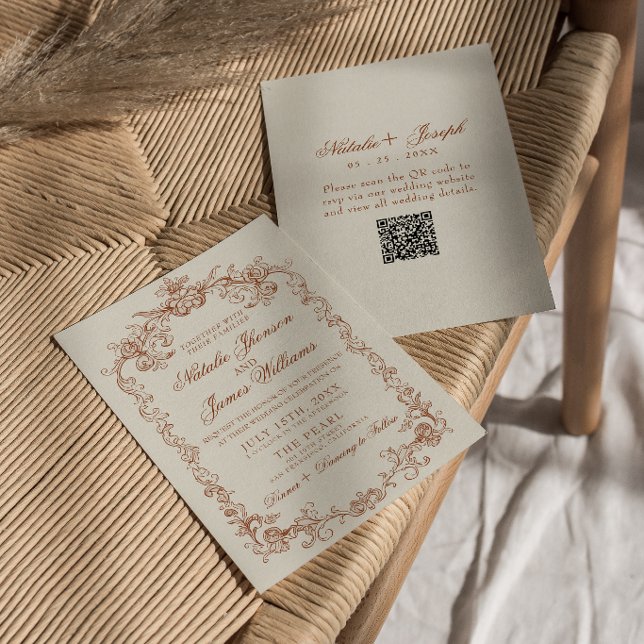 Convite Casamento QR Code Vintage Laranja Queimada Dinheir (Criador carregado)