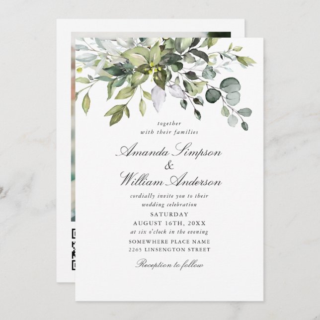 Convite Casamento QR de Eucalyptus com Aquarela Elegante (Frente/Verso)
