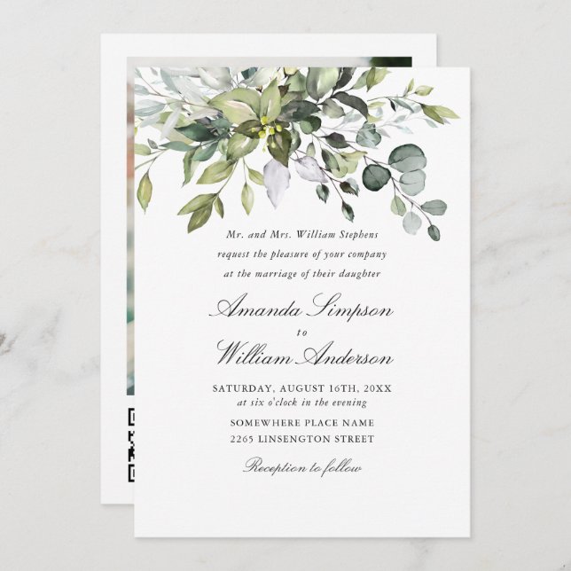 Convite Casamento QR de Eucalyptus com Aquarela Elegante (Frente/Verso)