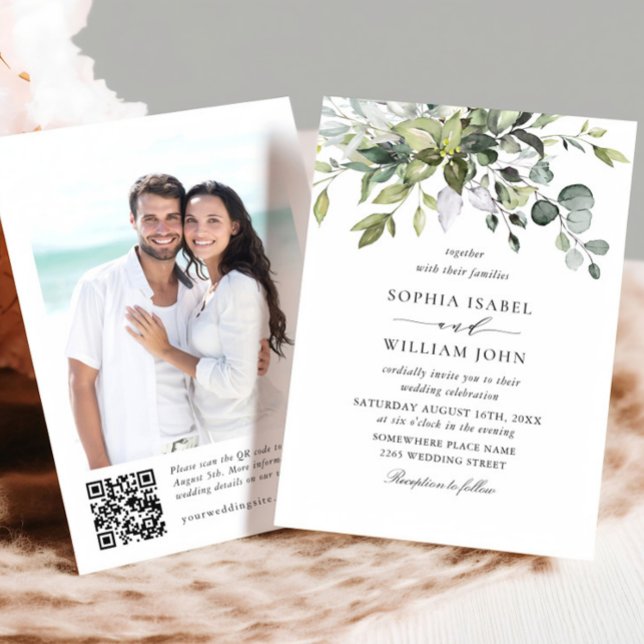 Convite Casamento QR de Eucalyptus com Aquarela Elegante (Criador carregado)