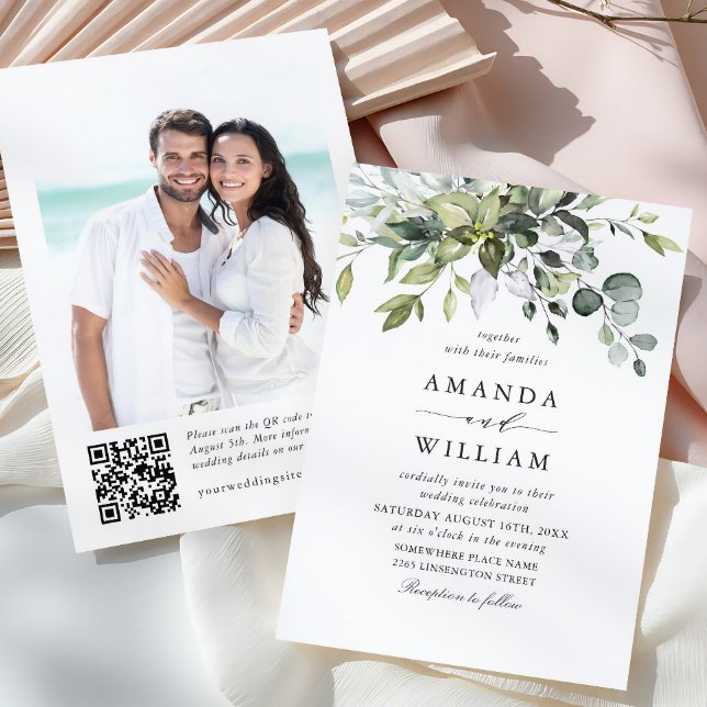 Convite Casamento QR de Eucalyptus com Aquarela Elegante (Criador carregado)
