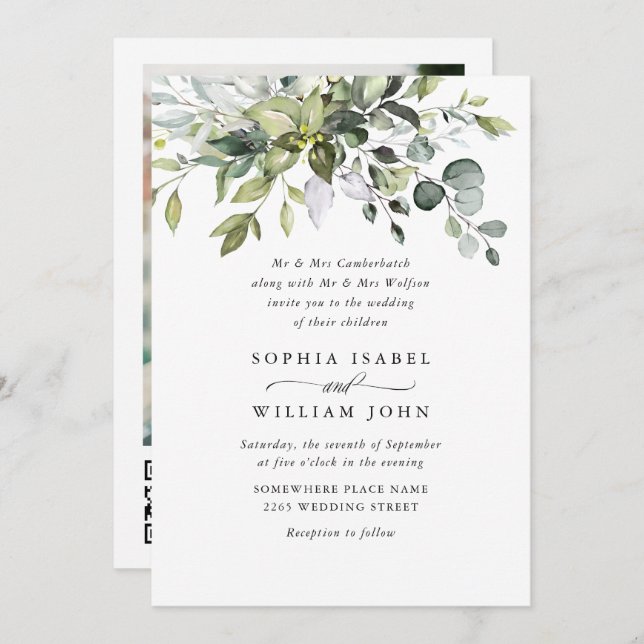 Convite Casamento QR de Eucalyptus com Aquarela Elegante (Frente/Verso)