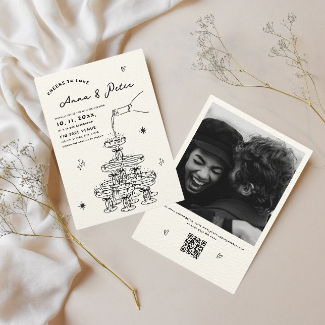 Convite Casamento QR de Foto em Torre de Champanhe ilustra (All-in-one wedding invitation, hand-written with Photo and QR code)