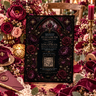 Convite Casamento QR de Vidro Colorido Borgonha Dark Roman