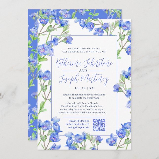 Convite Casamento QR RSVP de flor de aquarela azul de Spee (Frente/Verso)