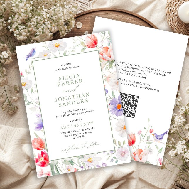 Convite Casamento QR selvagem de flores silvestres em verd (Criador carregado)