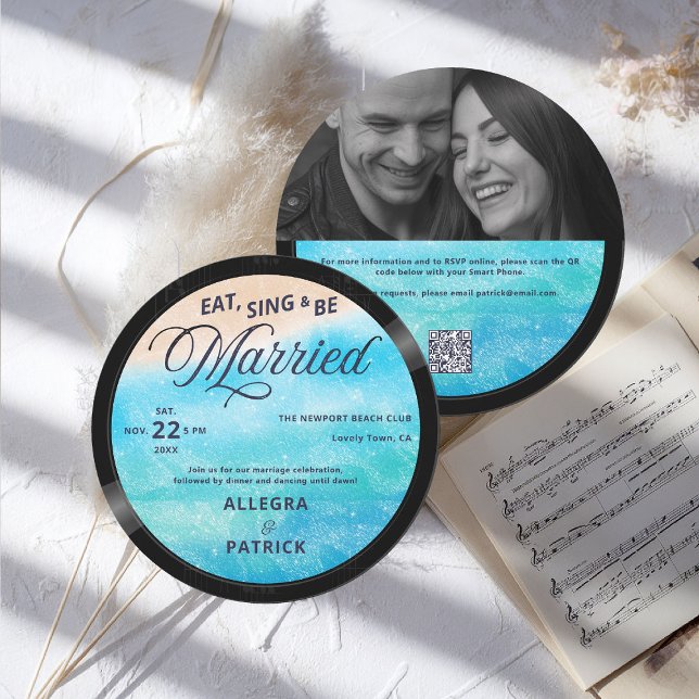 Convite Casamento QR - Todos os Músicos de Praia Tropicais (music theme wedding invitation rock vinyl record tropical beach blue sand photo qr code all one)