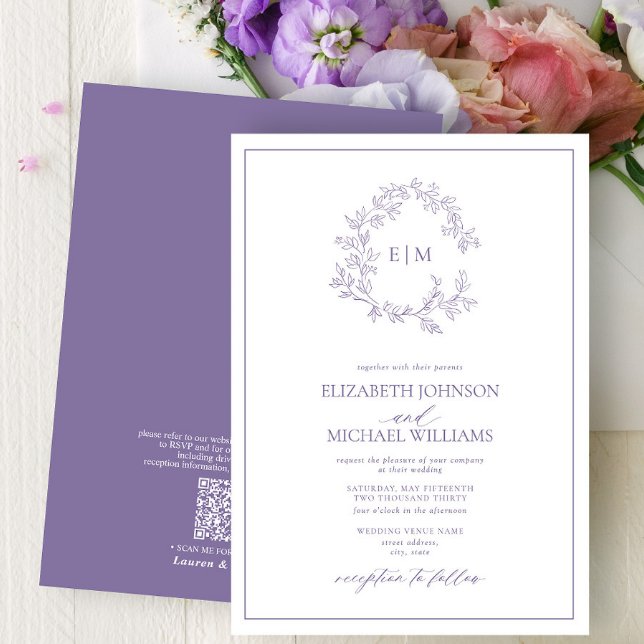 Convite Casamento QRCode Folheto de Lavanda Lilac Monogram (Criador carregado)
