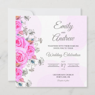 Convite Casamento Quadrado Aquarela Flor de Rosa Pink Selv
