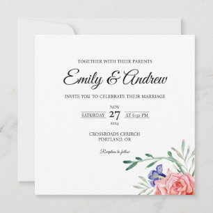 Convite Casamento Quadrado Aquarela Floral Rosa Pêssego