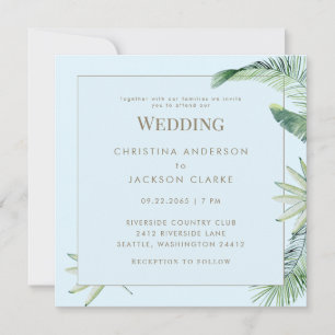 Convite Casamento Quadrado Azul Gélido Tropical Sem Pais
