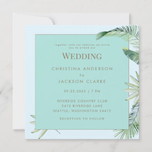 Convite Casamento Quadrado Azul Gélido Tropical & Turquesa