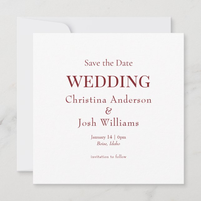 Convite Casamento Quadrado Burgundy Save the Date (Frente)