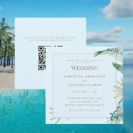 Convite Casamento Quadrado Código QR Tartaruga Marinha Azu