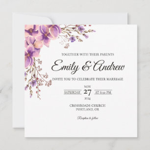 Convite Casamento Quadrado com Aquarela Floral de Lavanda