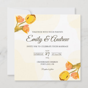 Convite Casamento Quadrado com Tulipa Amarela em Aquarela 