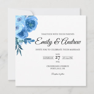 Convite Casamento Quadrado de Aguarela Floral Rosa Azul