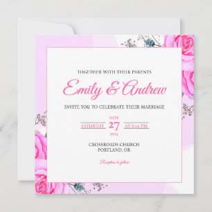Convite Casamento Quadrado de Aquarela de Rosa Rosa Selvag