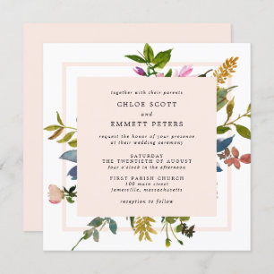 Convite Casamento Quadrado de Aquarela Floral Cor-de-Rosa