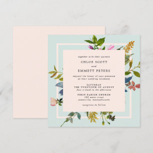 Convite Casamento Quadrado de Aquarela Floral Cor-de-Rosa 